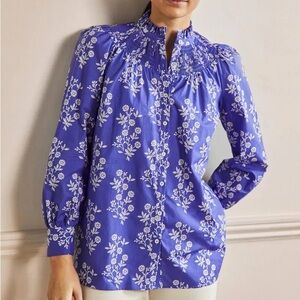 Boden Smocked High Neck Blouse Blue White Floral Button Up Shirt 4